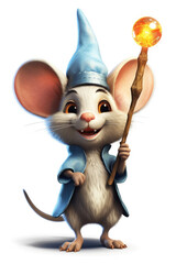 Mouse rat with wizard hat and staff isolated on a white background Generative AI