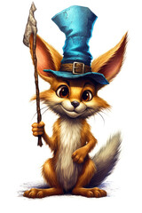 Fox with wizard hat cartoon character with staff isolated on a white background Generative AI