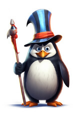 Penguin with hat and staff wand isolated on a white background Generative AI