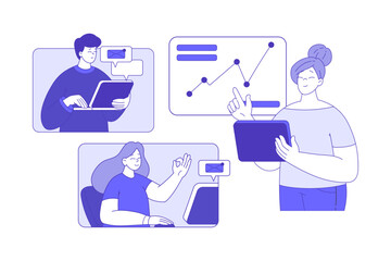 Business Man and Woman Character in Window Meeting Online Discuss Strategy Vector Illustration