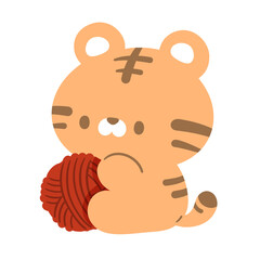 The orange cartoon tiger engages in playful cuddling and interaction with a red yarn ball.