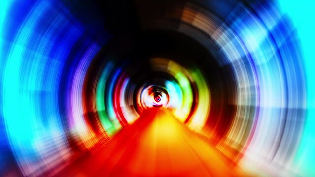 Warp tunnel wormhole moving in hyperspace, abstract blue energy vortex flying straight