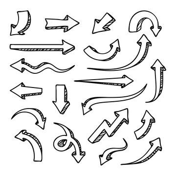 set of various hand drawn arrow vector element, arrow doodle sketch collection