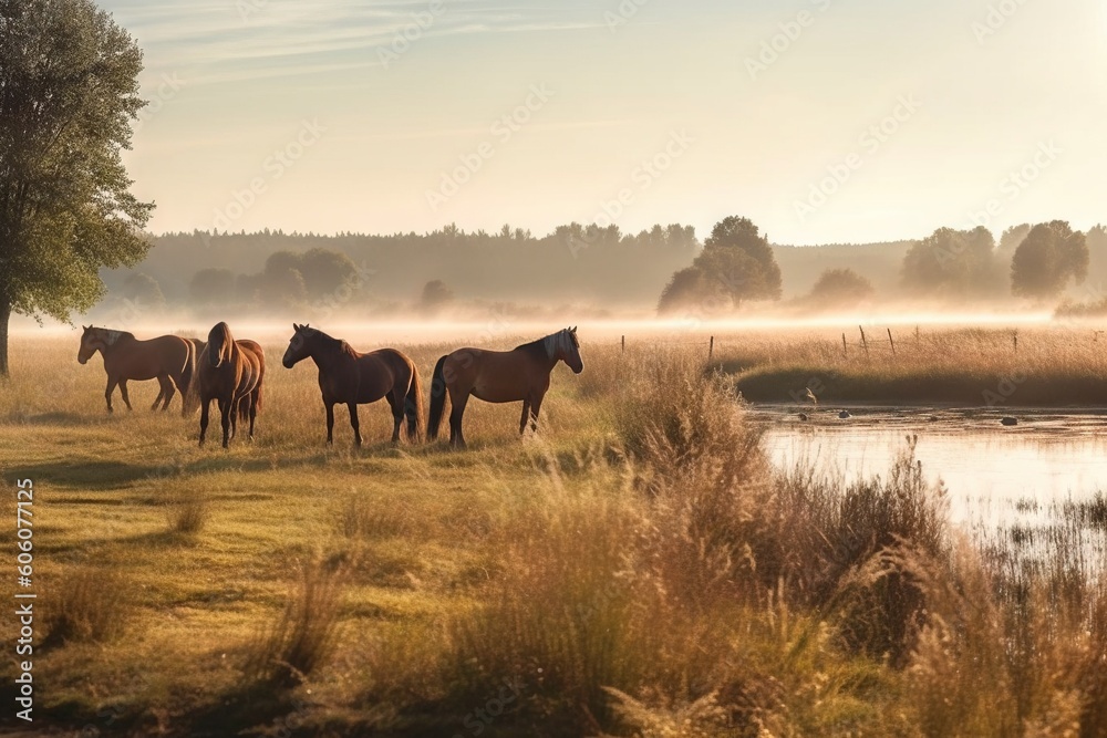 Sticker  a group of horses standing on top of a grass covered field next to a river and a forest filled with trees on a foggy day.  generative ai