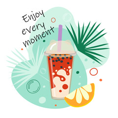 Obraz premium Enjoy every moment. Summer vector illustration with hand drawn cocktail, straw, lemon. Good for poster printing.