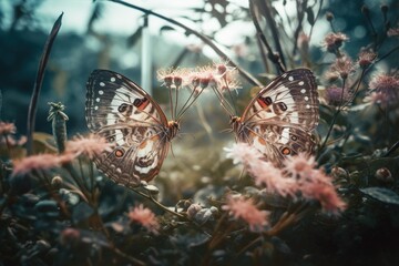 Fototapeta na wymiar two butterflies sitting on top of a flower covered field of grass and pink wildflowers in the foreground, with a blue sky in the background. generative ai