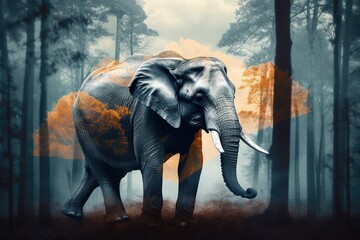 Fototapeta na wymiar an elephant is standing in the middle of a forest with trees and a mountain in the background with orange and blue colors on its face. generative ai