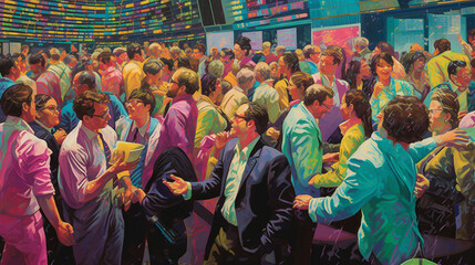 A busy stock market floor with traders in colorful jackets, signaling a dynamic business environment Generative AI