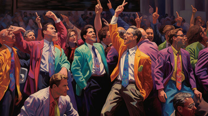Fototapeta na wymiar A busy stock market floor with traders in colorful jackets, signaling a dynamic business environment Generative AI