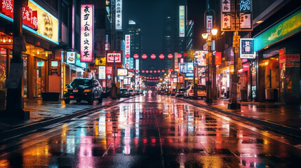 Fototapeta na wymiar An illuminated city street at night, representing a vibrant nightlife and entertainment business Generative AI