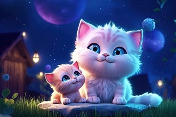 cute adorable baby cat with mother cat in nature by night with light  rendered in the style of fantasy cartoon animation style intended for children 3D style Illustration created by AI