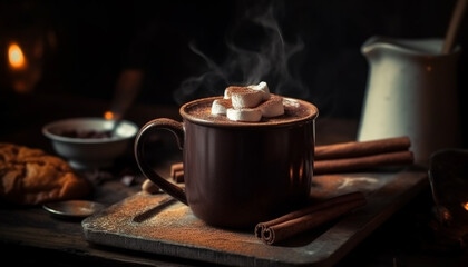 Hot chocolate and marshmallows on rustic wood generated by AI