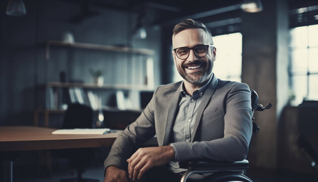 Confident businessman sitting in office, smiling candidly generated by AI