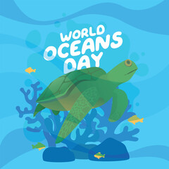 Obraz na płótnie Canvas world oceans day design template for celebration. ocean day vector design. ocean illustration with fish turtle whale and dolphin.