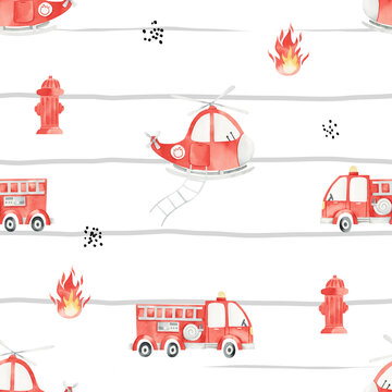 Seamless pattern with fire trucks, helicopters, hydrants on striped background. Watercolor illustration. Emergency. Kids texture for fabric, wrapping, textile, wallpaper, apparel.