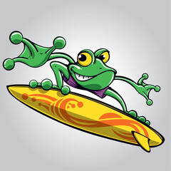 Frog with purple swimming shorts on a yellow surfboard. Frog mascot of a surf club. Sport illustration concept.