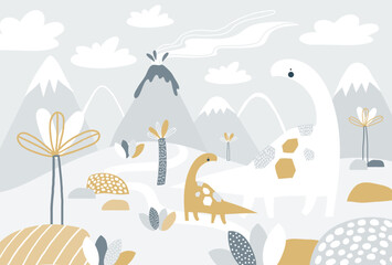 Vector children hand drawn mountain and cute dinosaurs illustration in scandinavian style. Mountain landscape, clouds. Children's tropical wallpaper. Mountainscape, children's room design, wall decor.