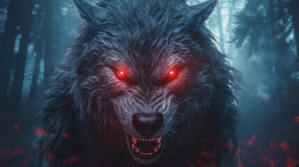 Sinister wolf shifter with red eyes in gloomy night forest shrouded in mist, scary werewolf grin in ominous dark woods ready for attack victim, evil werewolf hunter with red eyes, generative AI - obrazy, fototapety, plakaty