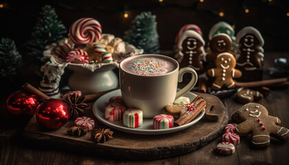 Rustic hot chocolate table with sweet treats generated by AI