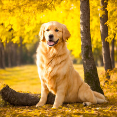Retrato de perro golden retriever en un parque con arboles y hojas amarillas en temporada de otoño. Vista de frente y de cerca. IA generativa