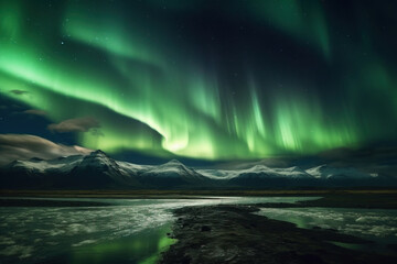 Fototapeta na wymiar Aurora Borealis over a beautiful Icelandic landscape with water