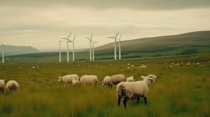 Obraz premium Sheep grazing near wind turbines on the mountain. Generative AI