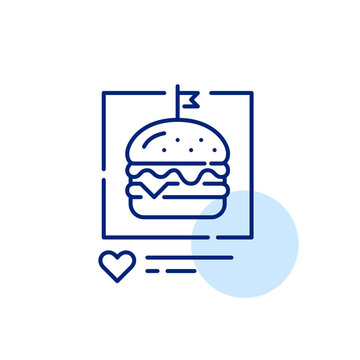 Picture of cheeseburger on social media getting likes. Food blogging. Pixel perfect, editable stroke simple icon