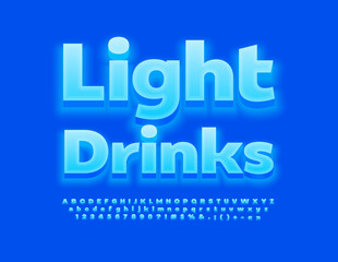 Vector modern Emblem Light Drinks. Blue Glowing Font. Creative Alphabet Letters and Numbers set