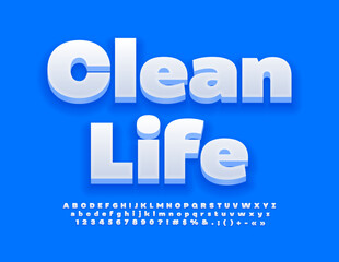 Vector concept emblem Clean Life. White 3D Font. Stylish Alphabet Letters, Numbers and Symbols set