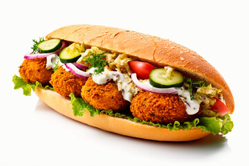 Delicious submarine falafel sandwich on a white background. Generative AI