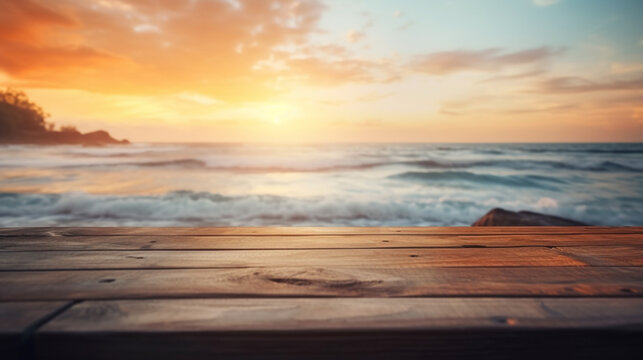 Wooden table in front of blurred tropical sunset beach. Generative AI Image