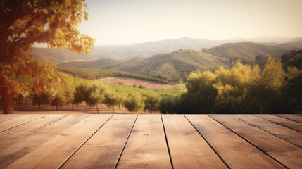 Naklejka na ściany i meble Wooden table in front of blurred toscana vineyard grape field. Generative AI Image