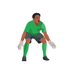Black football goalkeeper stands in front of the goal, legs bent, waiting for the ball
