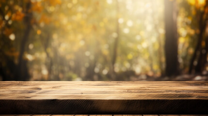 Wooden table in front of blurred autumn forest. Generative AI Image