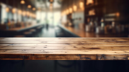 Fototapeta na wymiar Empty wood table top on blured background of bar. Generative AI Image