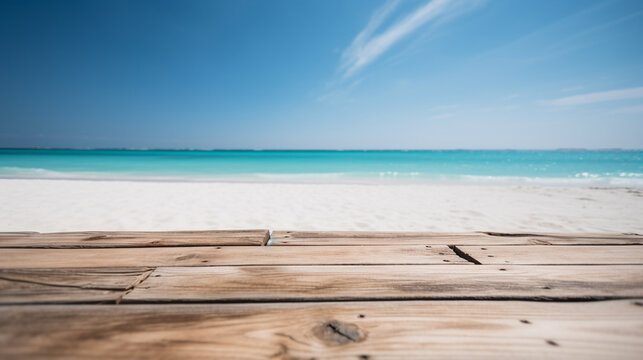 Wooden table in front of blurred white sand beach. Generative AI Image