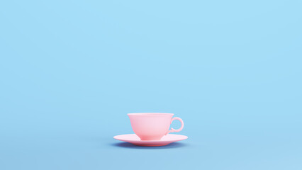 Pink Tea Cup Saucer Luxury Stylish Trendy Gen Z Breakfast Kitsch Blue Background 3d illustration render digital rendering