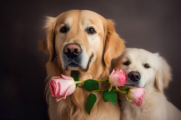 Adorable golden retriever and puppy with roses