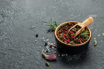 four types of peas peppercorns black, white, red and green. banner, menu, recipe place for text, top view