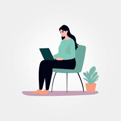 vector illustration, woman sitting on sofa working on notebook