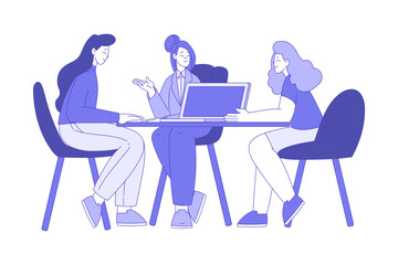 Business Woman Character Meeting at Table Brainstorming and Discuss Deal Vector Illustration
