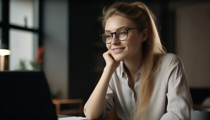 Confident businesswoman smiling at computer in office generated by AI