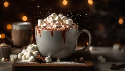 Obraz na płótnie Canvas Hot chocolate with marshmallows on rustic wood table generated by AI