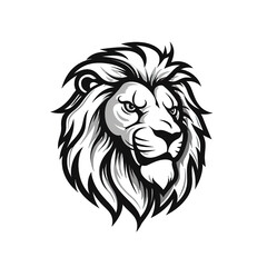 Lion head, cartoon style, black and white color, minimalist, isolated PNG white background