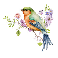 Beautiful Watercolor birds on branches created using artificial intelligence (AI)