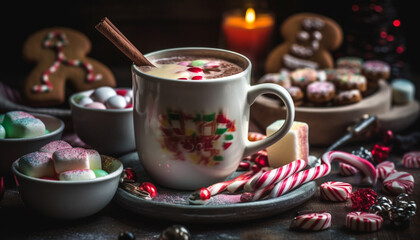 Fototapeta na wymiar Hot chocolate, cookies, and candy canes galore generated by AI