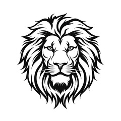 Lion head, cartoon style, black and white color, minimalist, isolated PNG white background