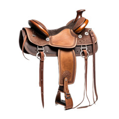 an authentic Western saddle with Latigo leather and various color, style, and appointments, Western-themed, photorealistic illustrations in a PNG, cutout, and isolated. Generative AI - obrazy, fototapety, plakaty