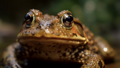 Green toad sitting in wet grass outdoors generated by AI