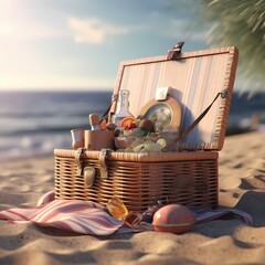 3d render picnic basket with food on the beach,Generative AI
